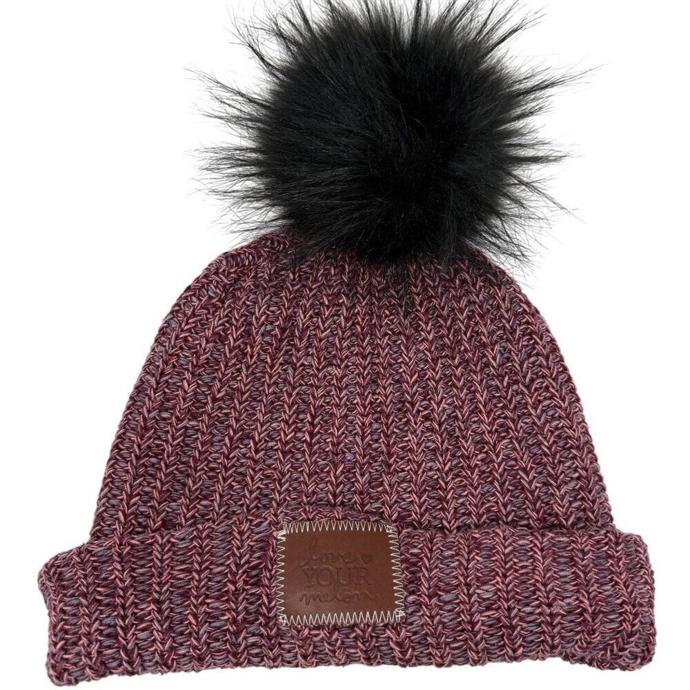 Love Your Melon Knit Beanie Faux Fur Pom Pom 100% Cotton Maroon Black Speckled